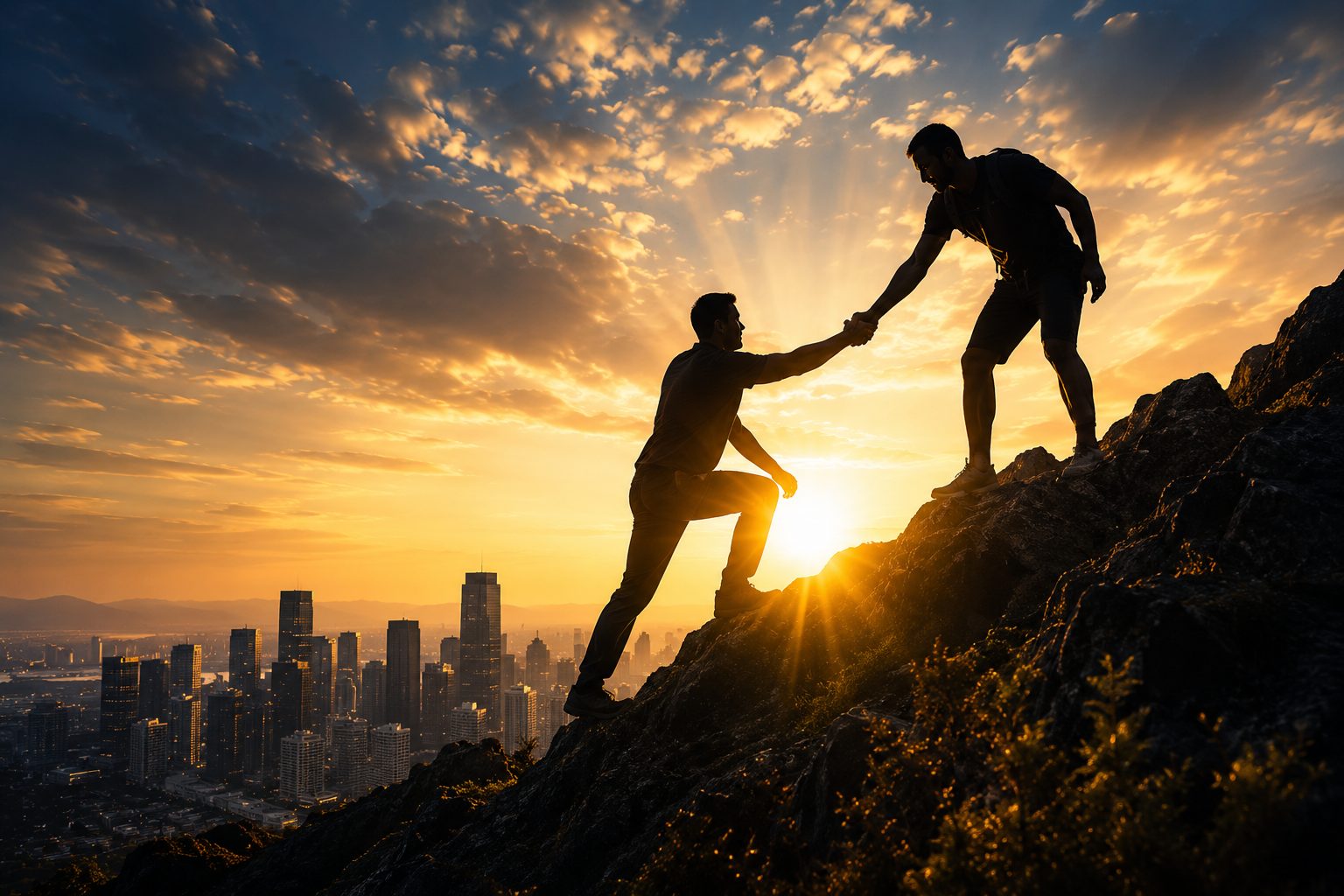 Two professionals helping each other climb a mountain ridge at sunrise above a city skyline, representing partnership and growth