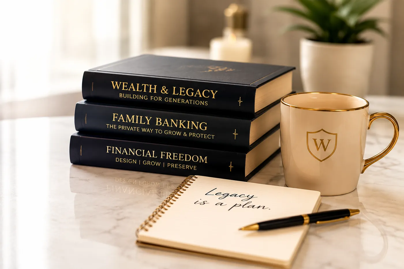 Wealth and legacy education books with a gold mug and planning notebook